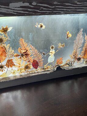 Vintage Antique WINDOW ART Pressed Flowers HANDCRAFTED 28 in x 13 in Alberta CA